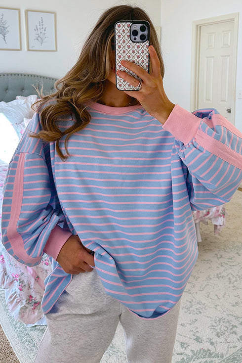 Slouchy Striped Contrast Trim Oversized Loungewear Pullover Top